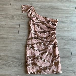 Sequin and lace off the shoulder cocktail dress